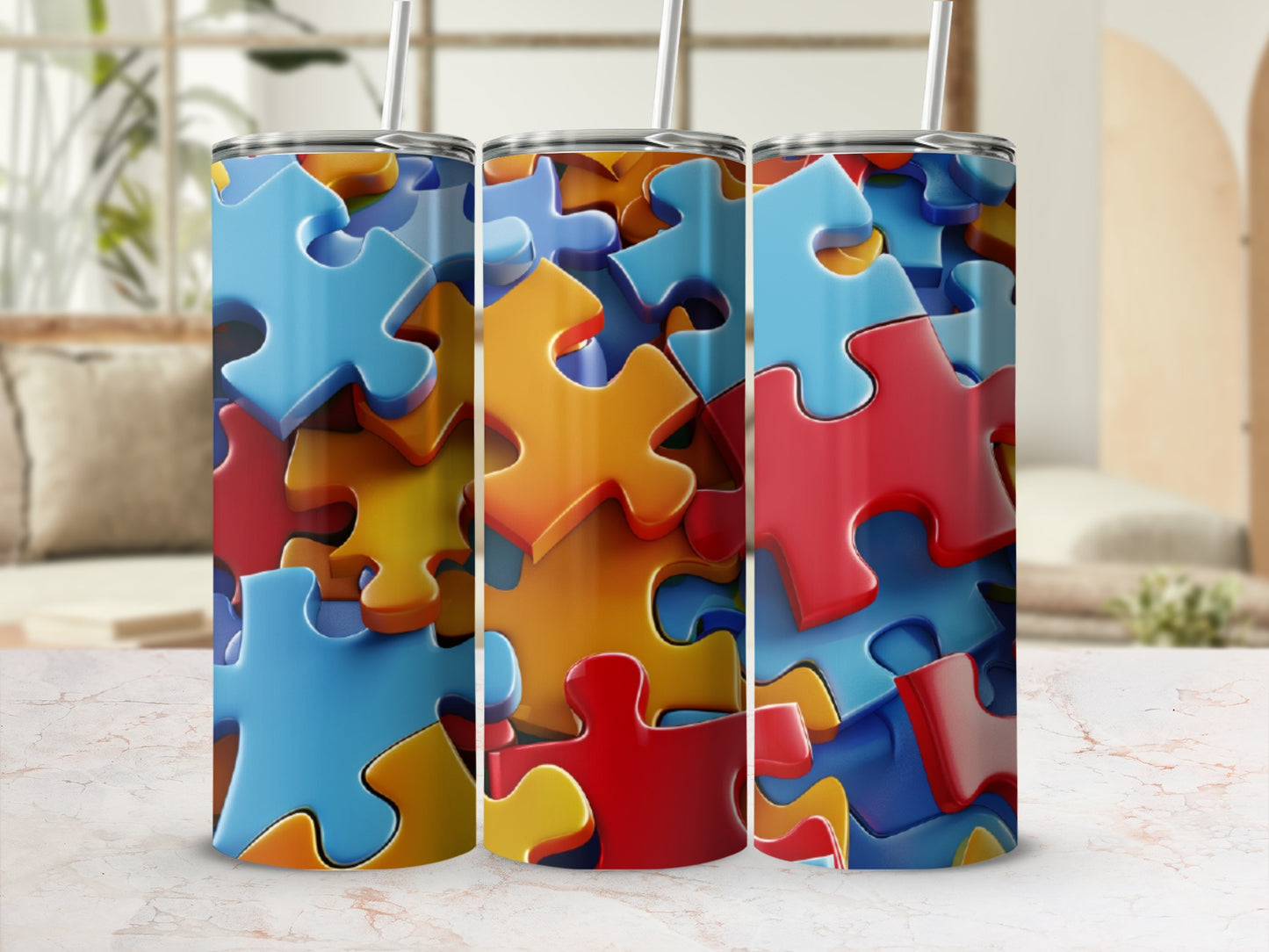 Three tumblers with colorful puzzle piece designs, close-up.