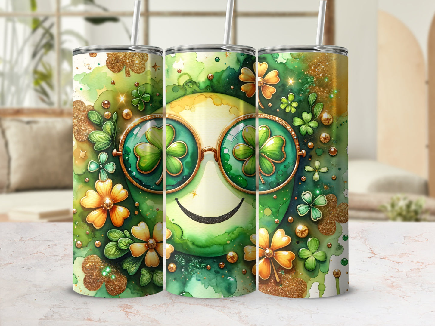 Green tumbler with a smiling cartoon face wearing clover sunglasses and sparkling shamrocks.