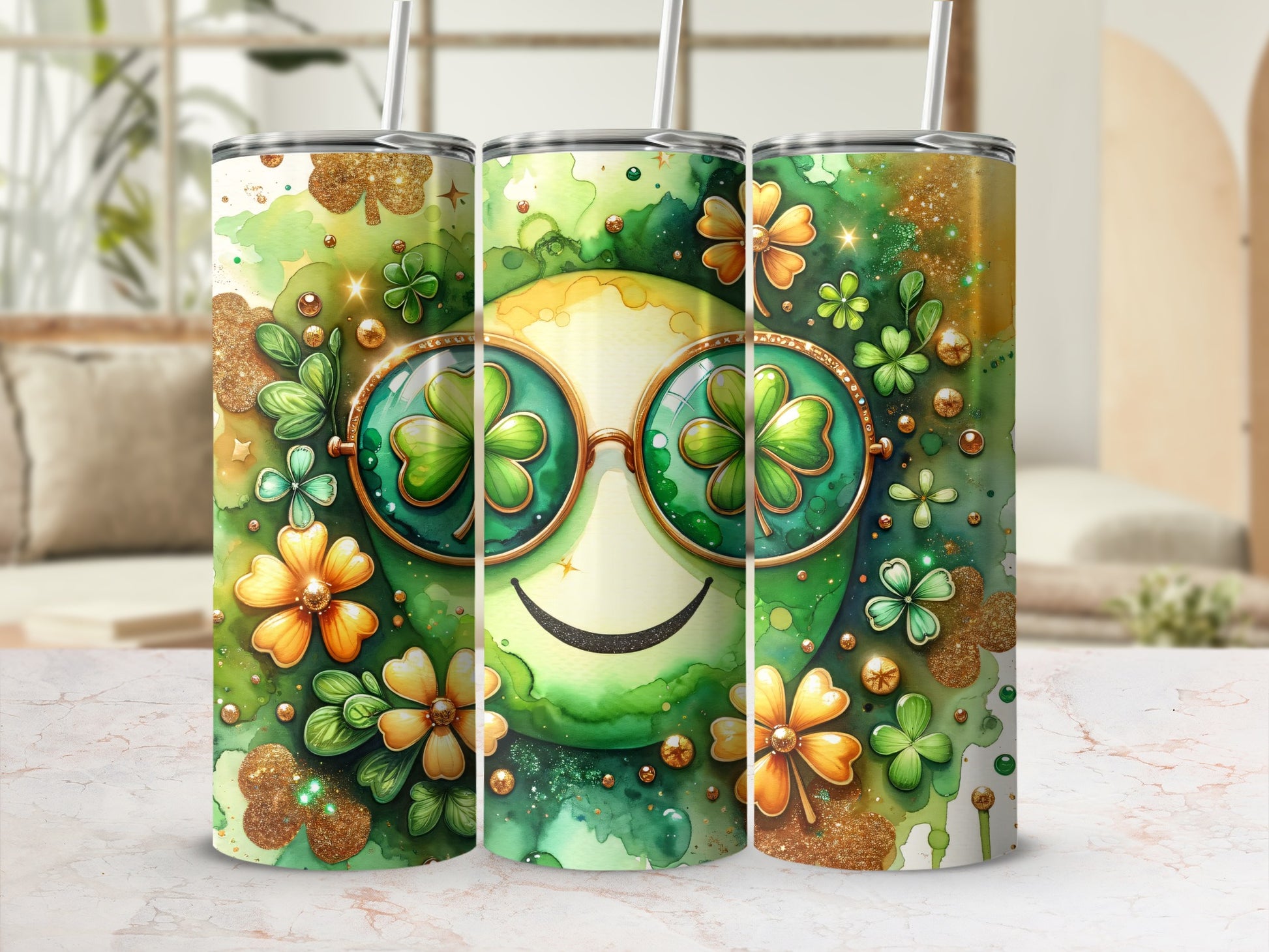 Green tumbler with a smiling cartoon face wearing clover sunglasses and sparkling shamrocks.