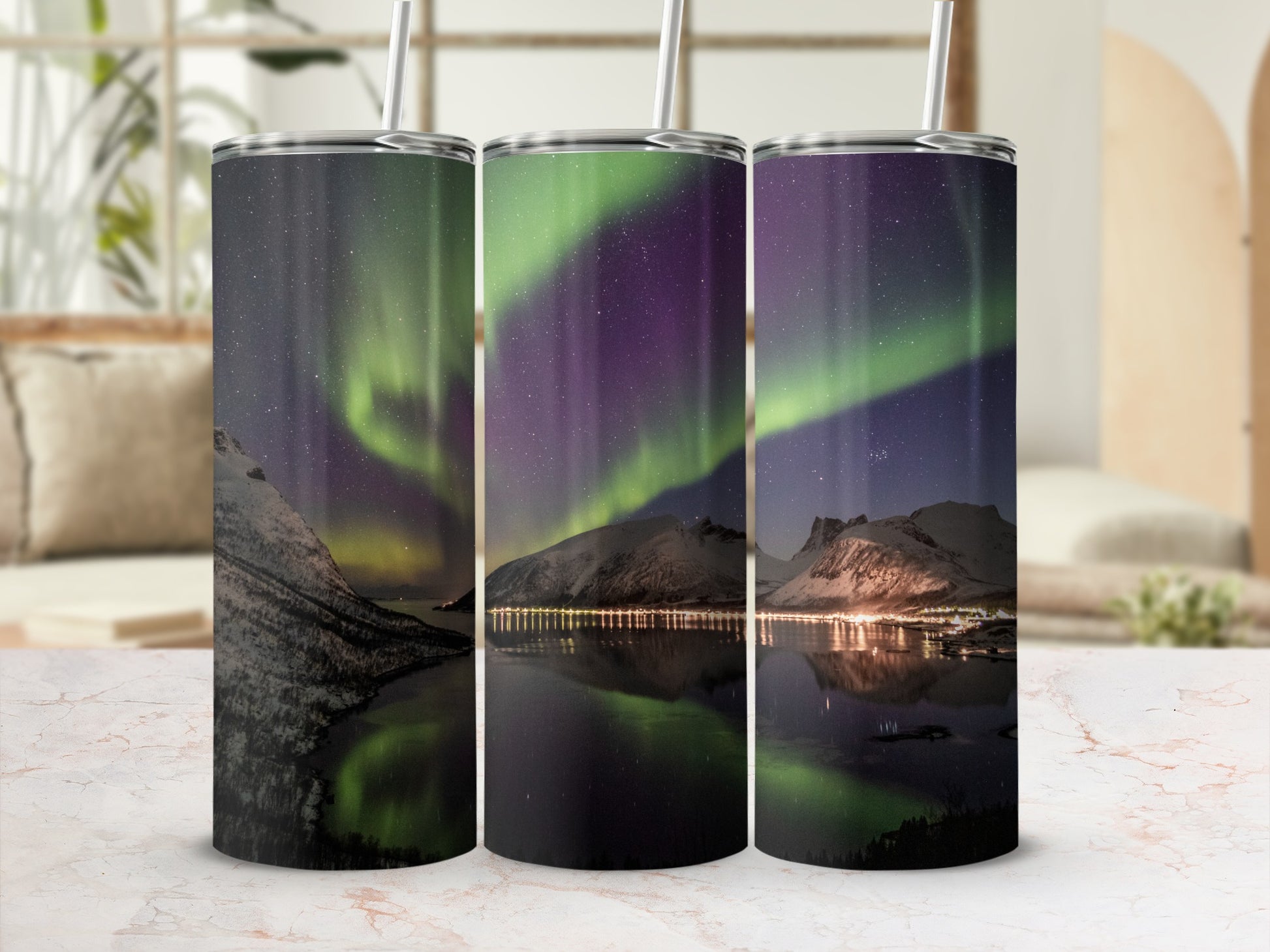Northern Lights Mountains Scenic Design Tumbler Product