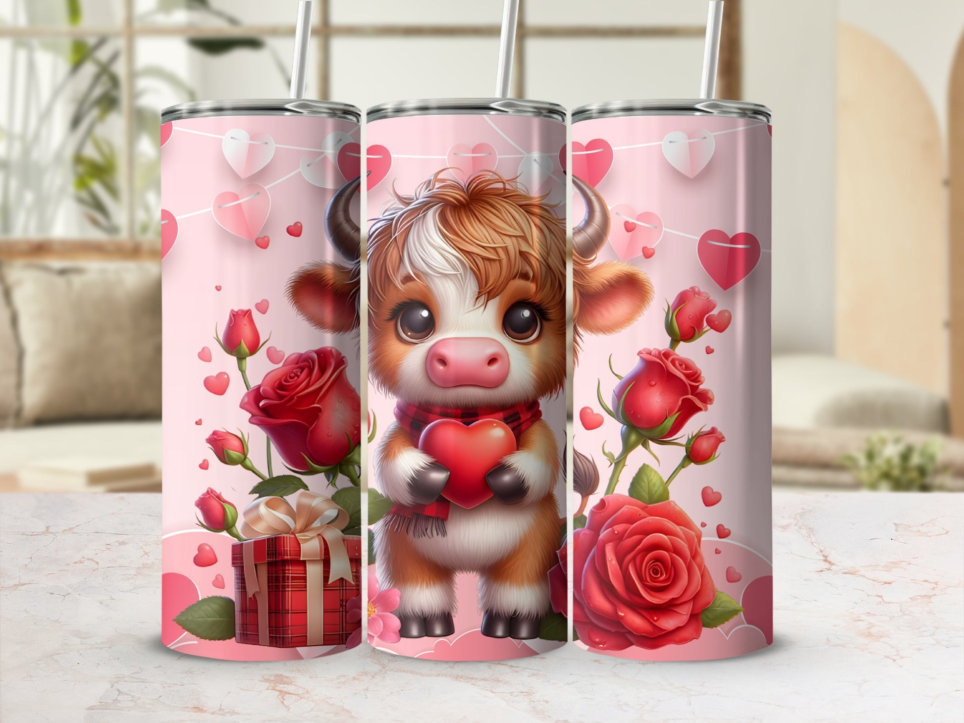 Cute Cow with Roses and Hearts Tumbler design