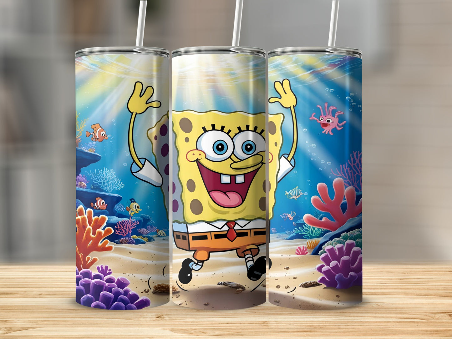 Spongebob Squarepants character on a tumbler, smiling with arms raised.