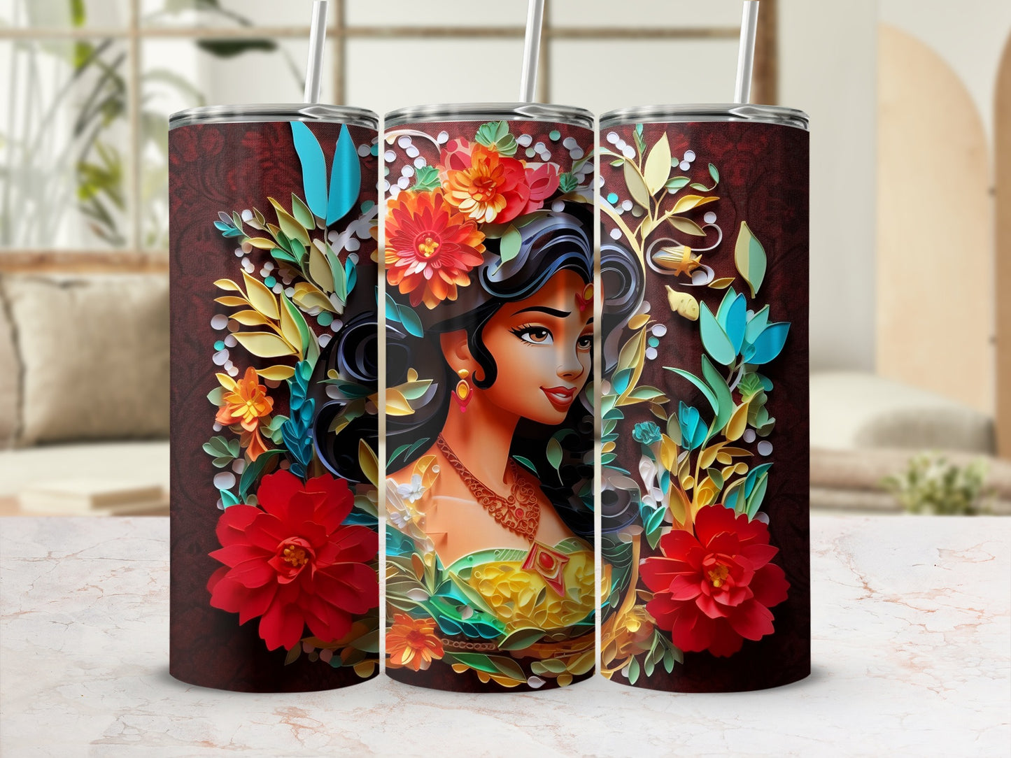 Colorful Floral Caribbean Maiden Design Tumbler