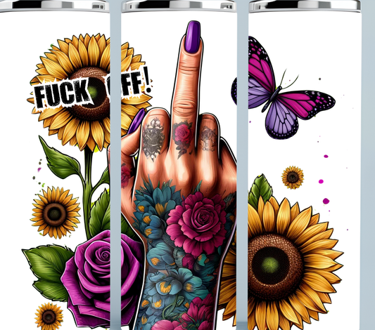 Woman's hand with sunflowers and "Fuck Off" bright colors