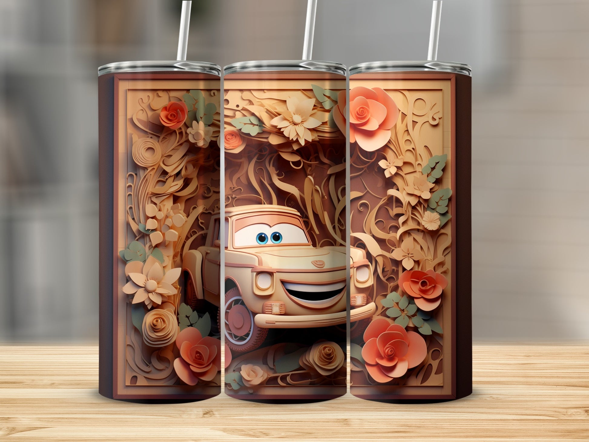 Charming Cartoon Car with Floral Design Tumbler