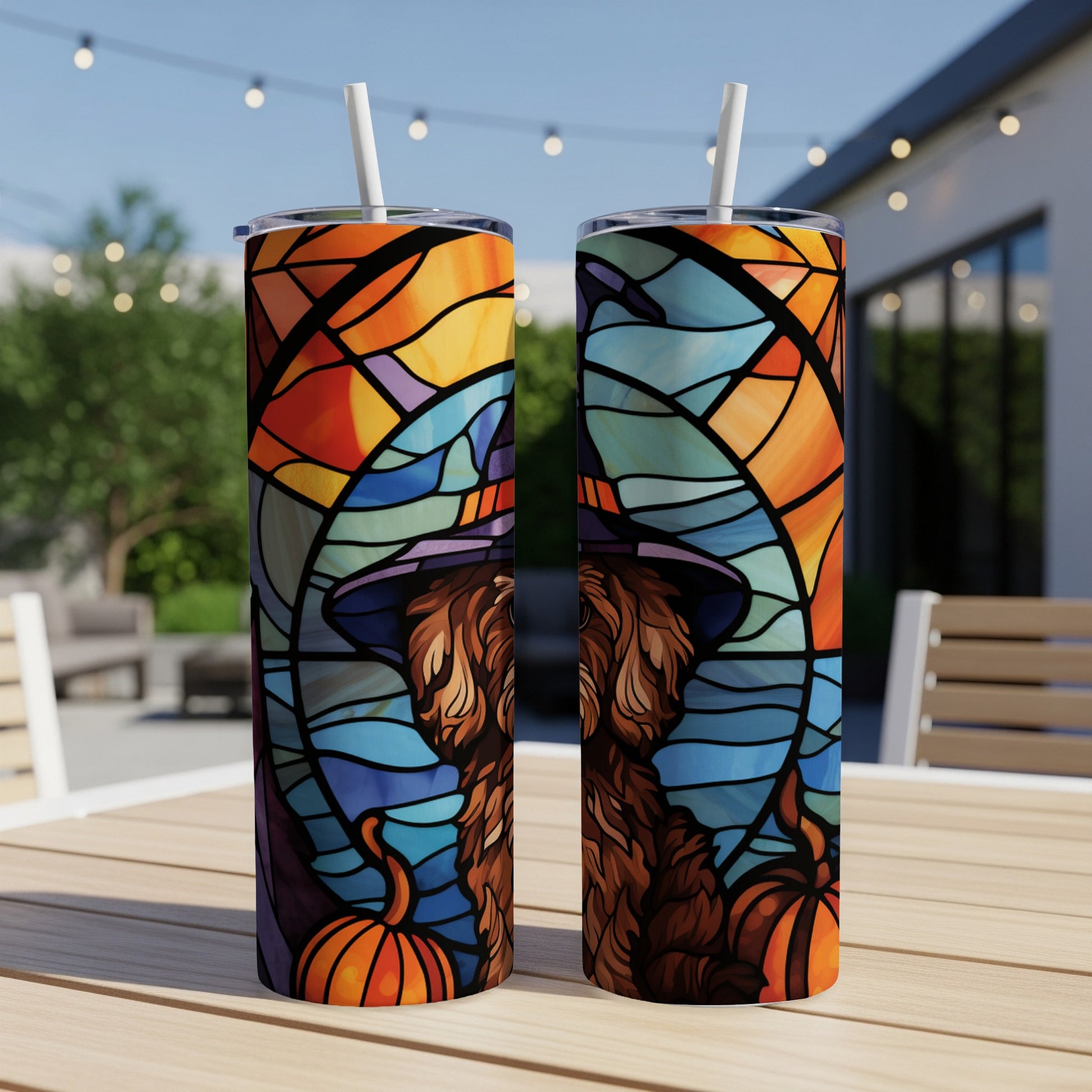 Two tumblers with stained-glass style dog and pumpkin Halloween design.