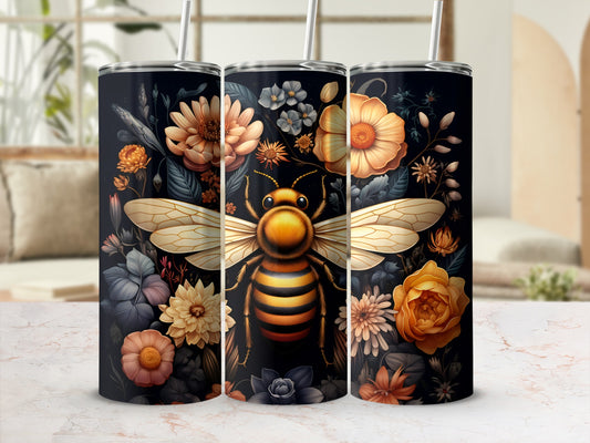 Bee with striped body and patterned wings surrounded by vintage flowers.