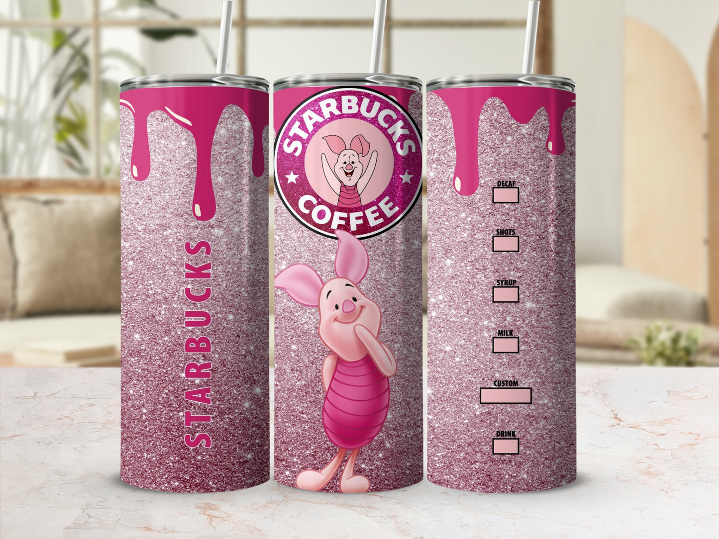 Pink Glitter Starbucks Coffee Piglet Themed Tumbler