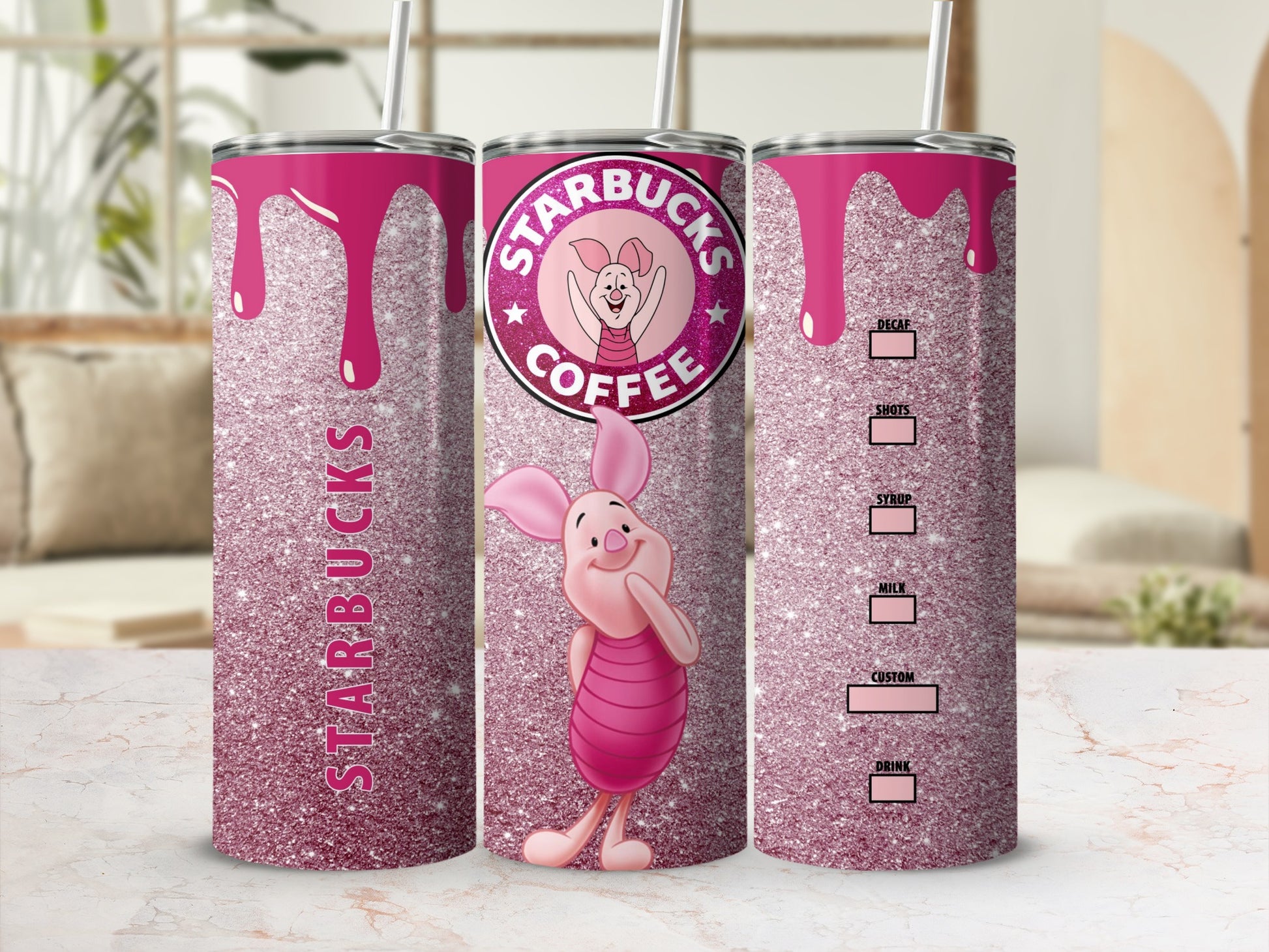 Pink Glitter Starbucks Coffee Piglet Themed Tumbler