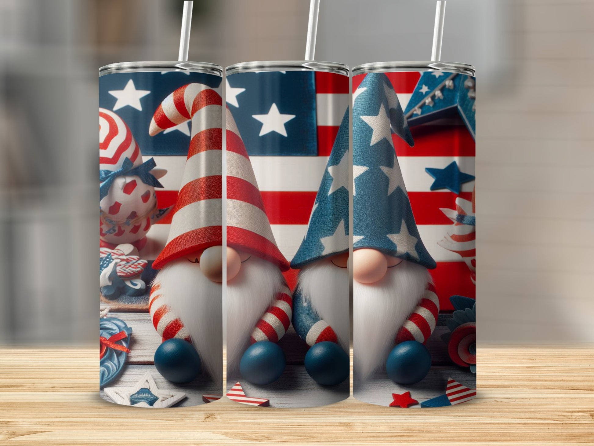 Two gnomes in patriotic outfits with American flag and star patterns.