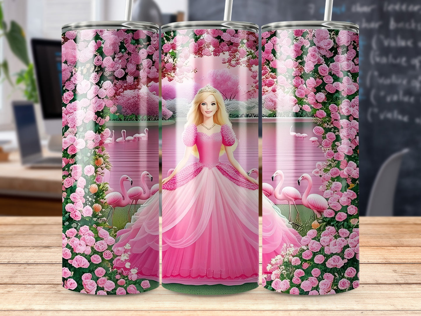 Barbie in Pink Gown Surrounded by Roses Swans Tumblers