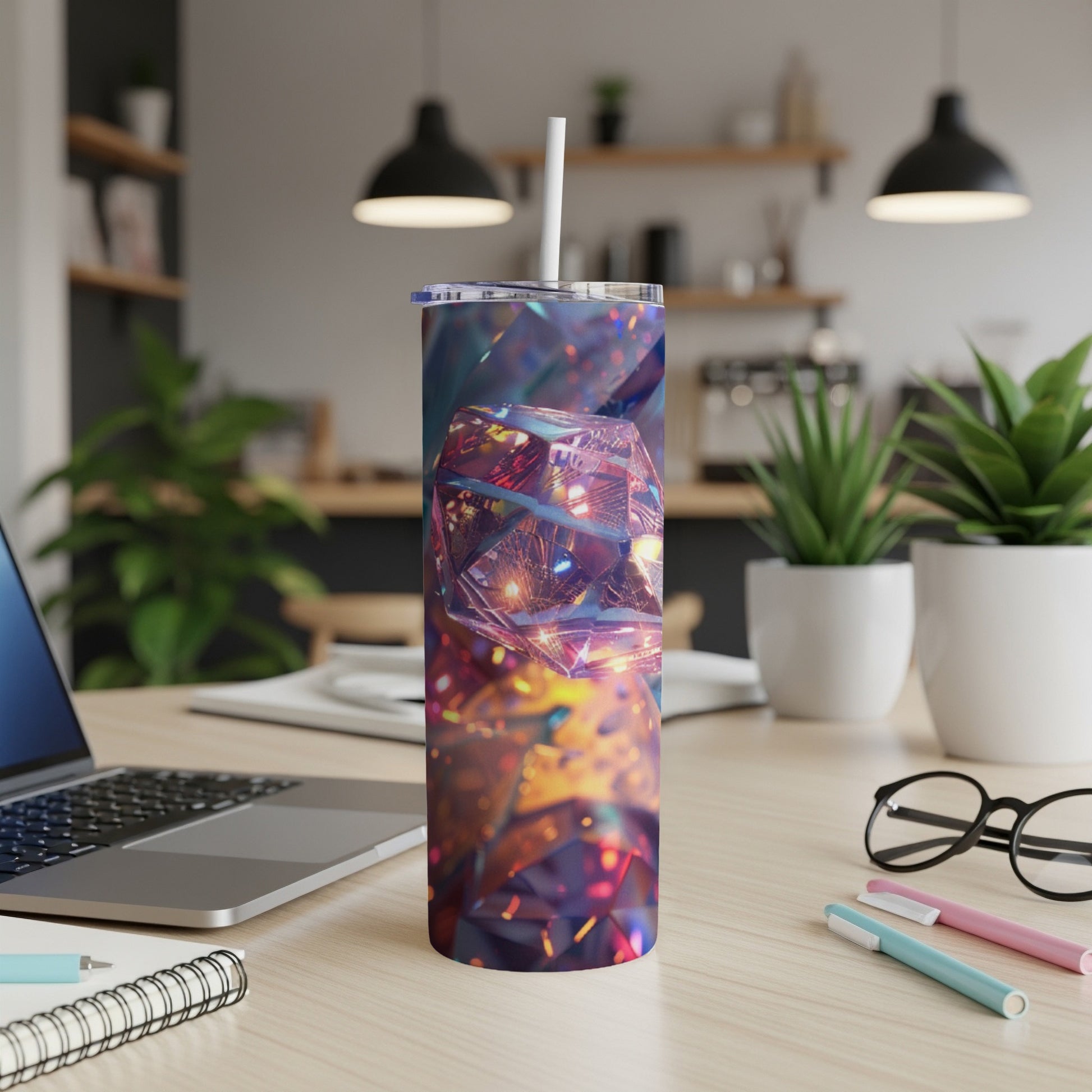Tumbler with abstract geometric pattern of glowing circuit boards and crystals.