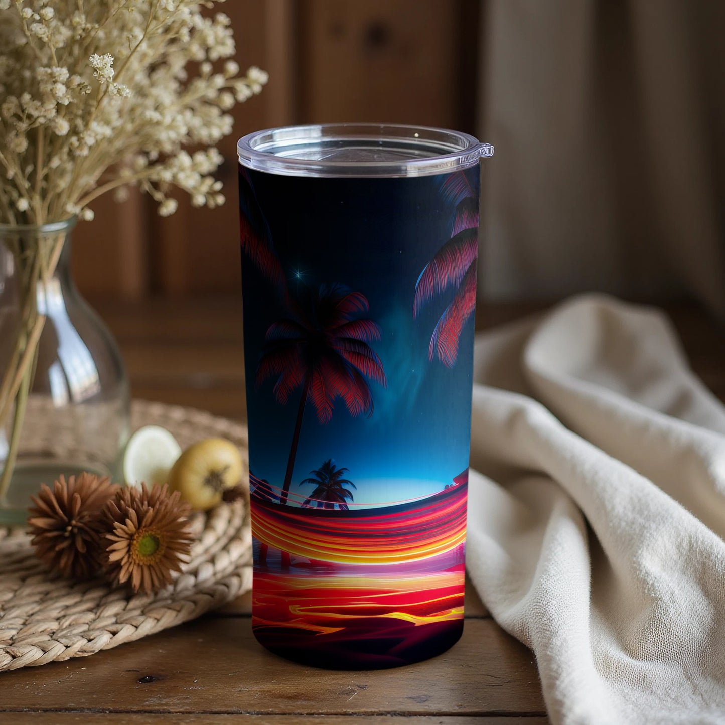 Vibrant Tropical Palm Tree Sunset Themed Tumbler