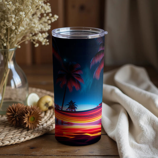 Vibrant Tropical Palm Tree Sunset Themed Tumbler