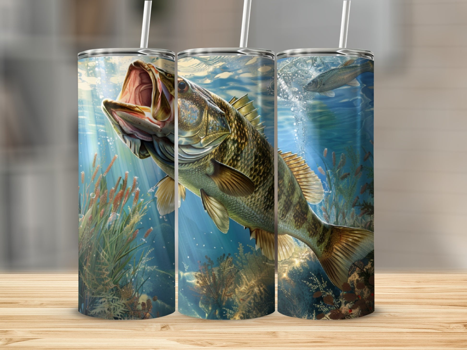 Fishing tumbler with a bass bursting from water, underwater plants, and a fish.