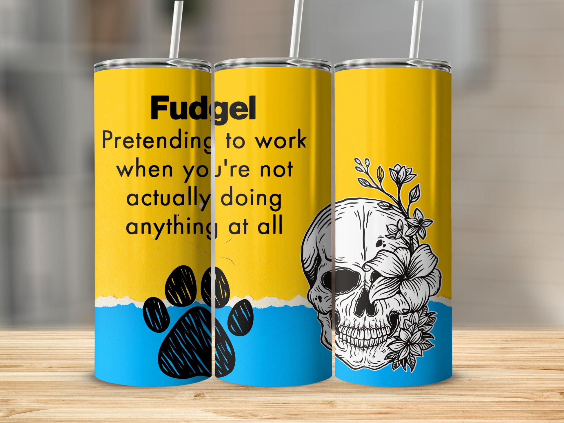 Fudgel Pretending to Work Skull and Paw Print Tumbler