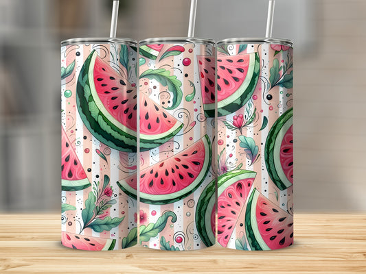Three tumblers with a pink and green watermelon slice and leaf pattern.