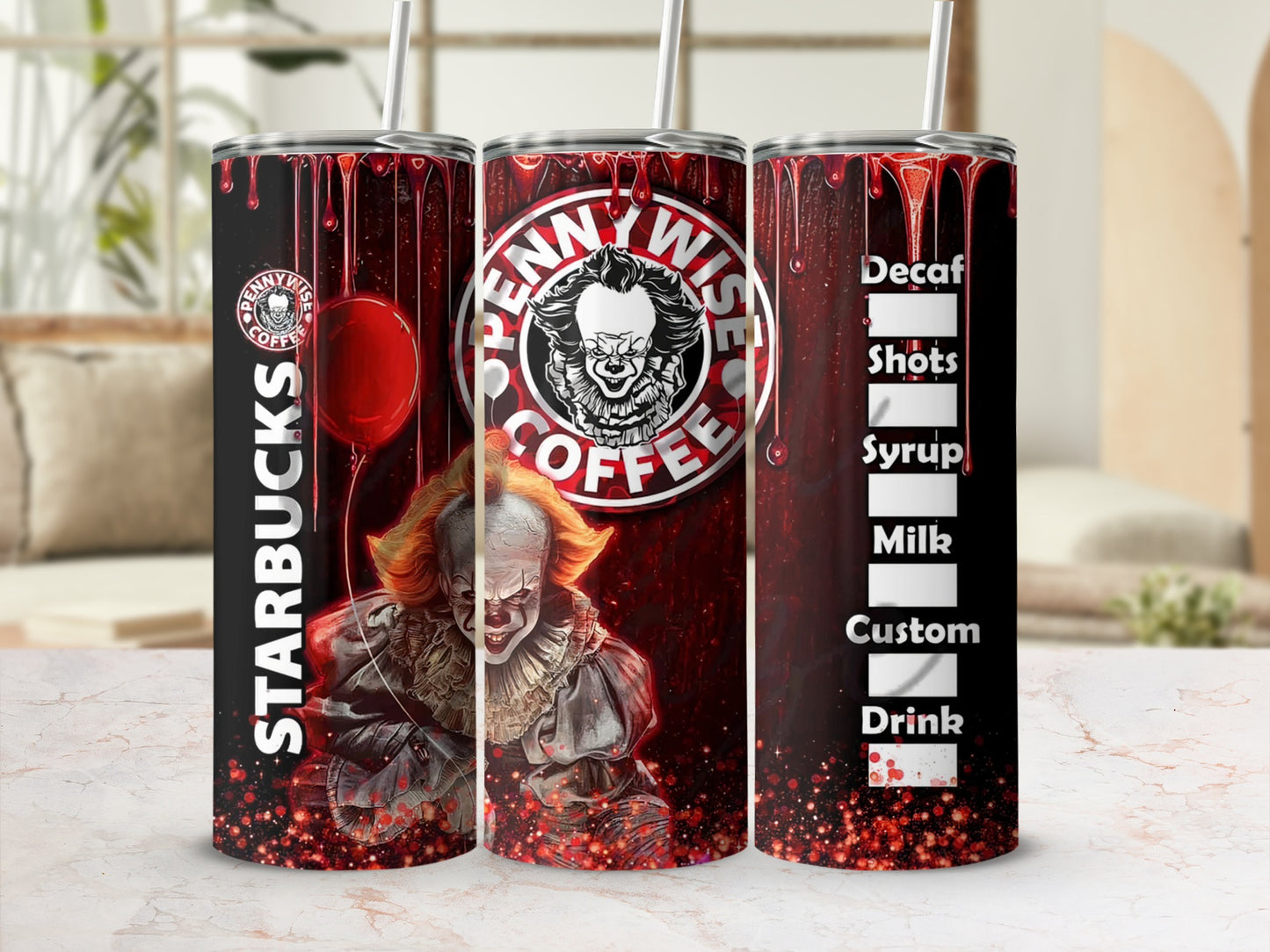 Three tumblers featuring Pennywise the clown and Starbucks-style coffee customization options.