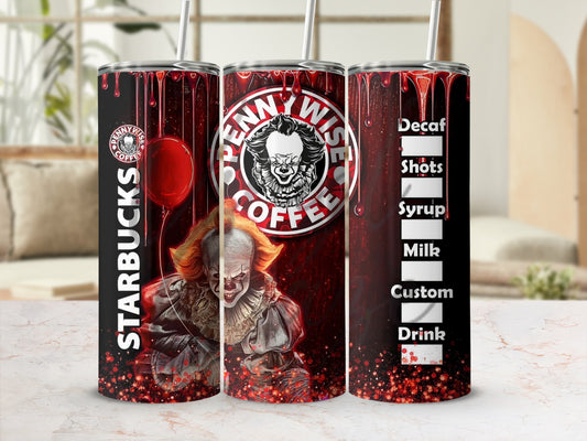 Three tumblers featuring Pennywise the clown and Starbucks-style coffee customization options.