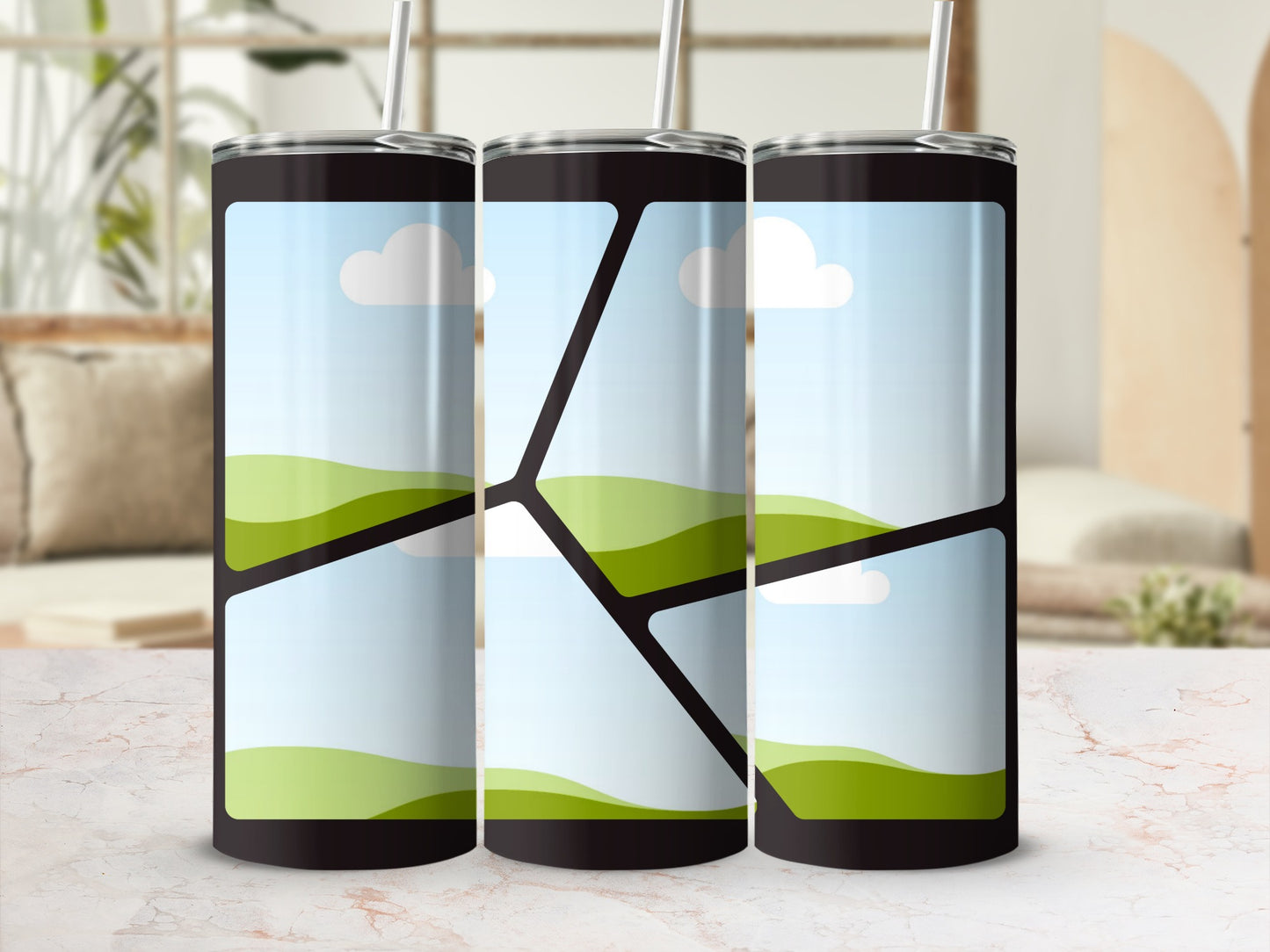 Three tumblers with landscape designs featuring rolling green hills and sky.