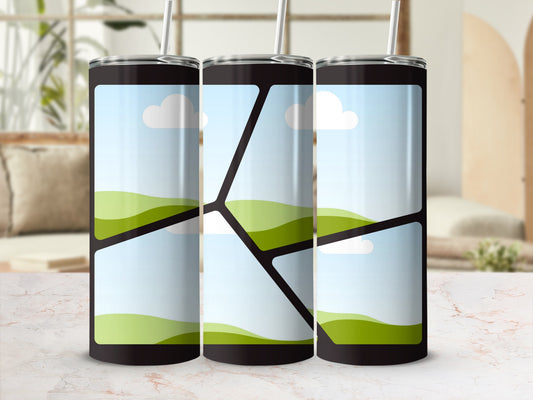 Three tumblers with landscape designs featuring rolling green hills and sky.