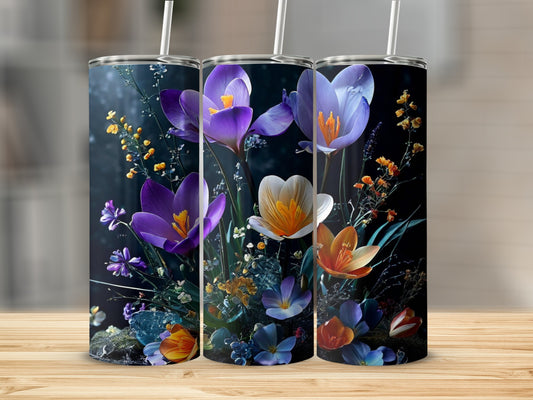 Three tumblers decorated with purple, orange, and white crocuses and greenery.