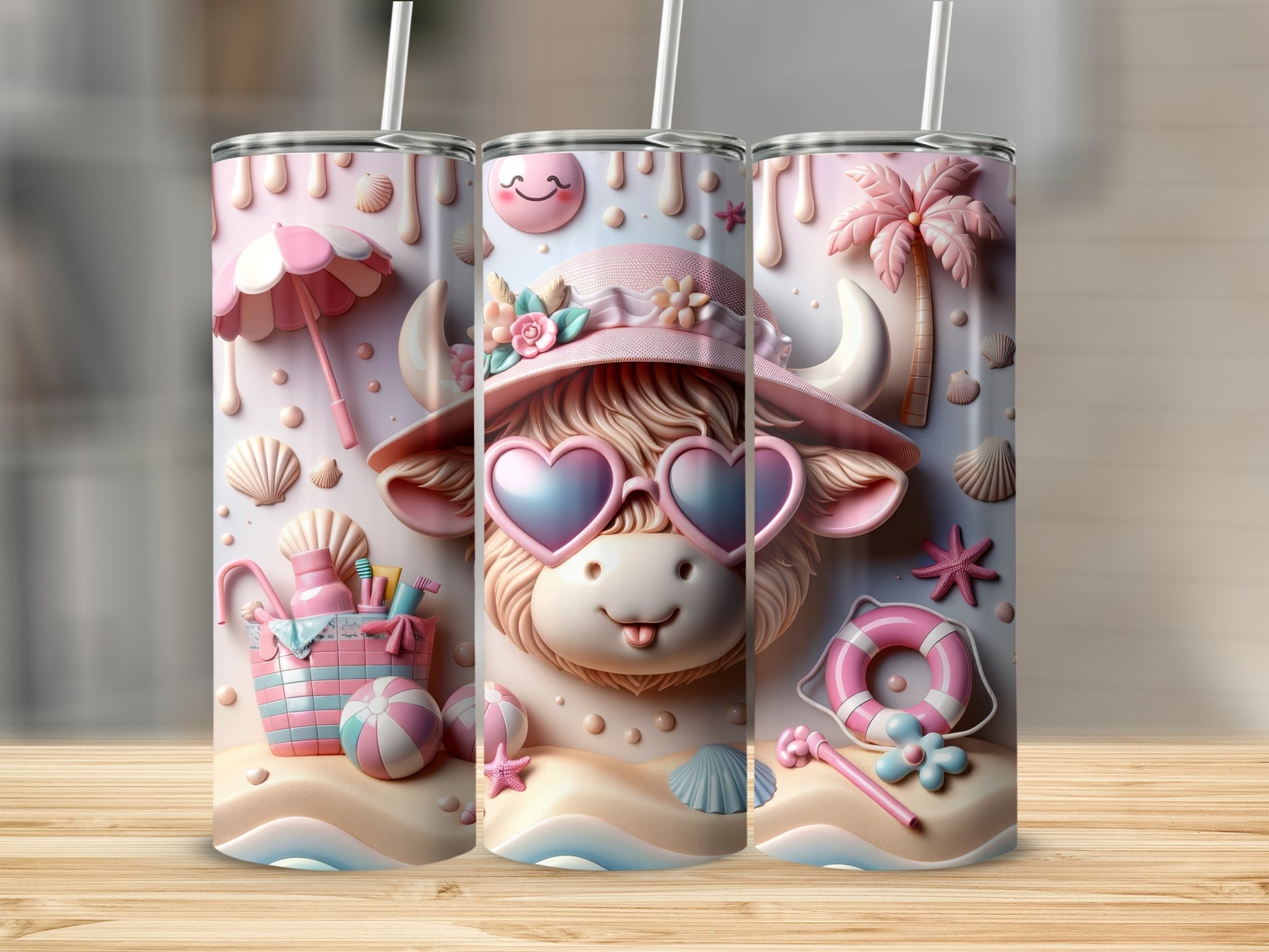 Pink cow tumbler with heart sunglasses, beach accessories, and seashells on a wooden surface.