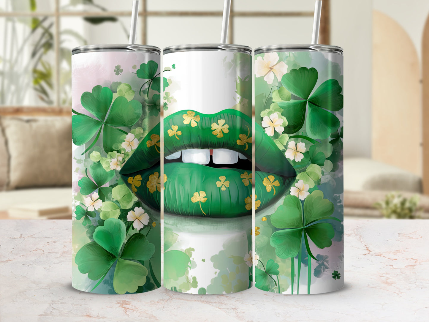 Green lips with shamrocks and flowers on a patterned tumbler.