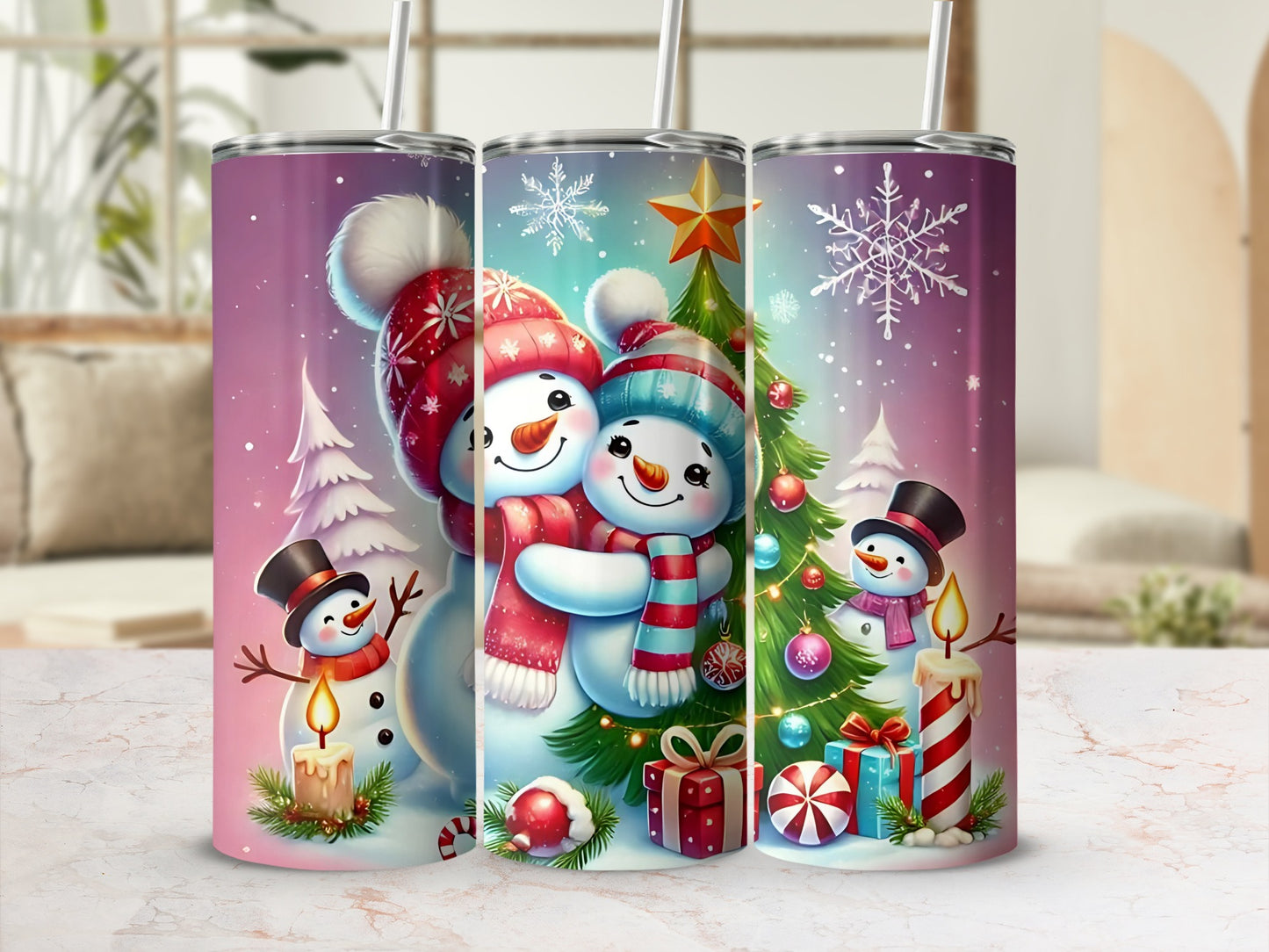 Festive Snowman and Christmas Tree Holiday Tumbler