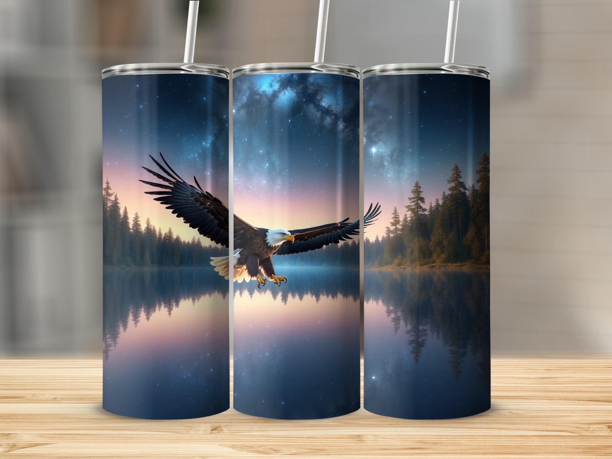 Eagle in flight over serene lake with starry night sky.