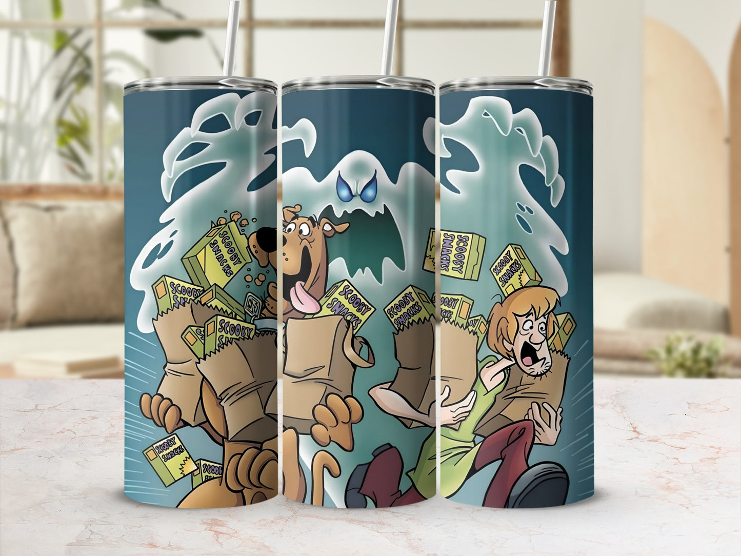 Scooby-Doo characters running with Scooby Snacks boxes.