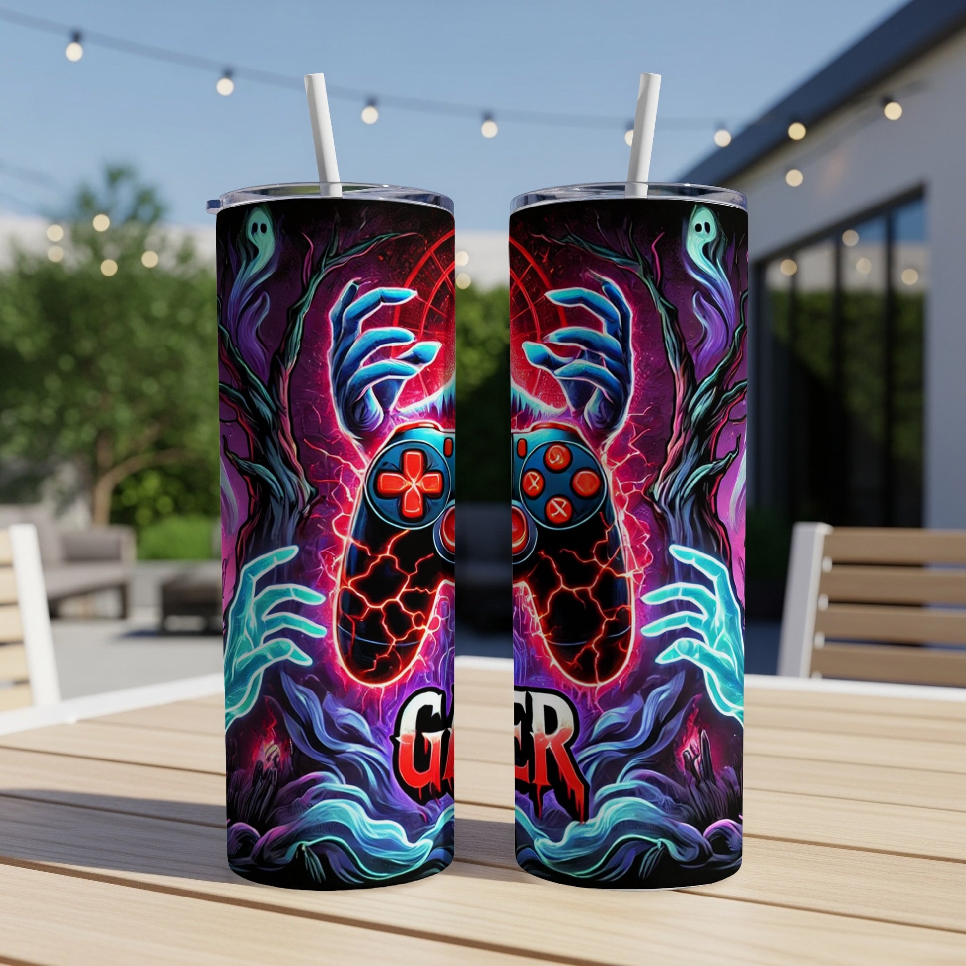 Two tumblers with a gamer controller design, surrounded by ghostly hands.