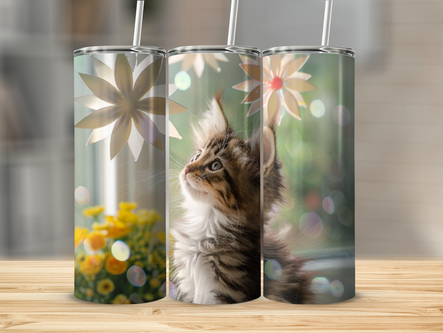 Three tumblers with kitten and flower pattern on wooden surface.