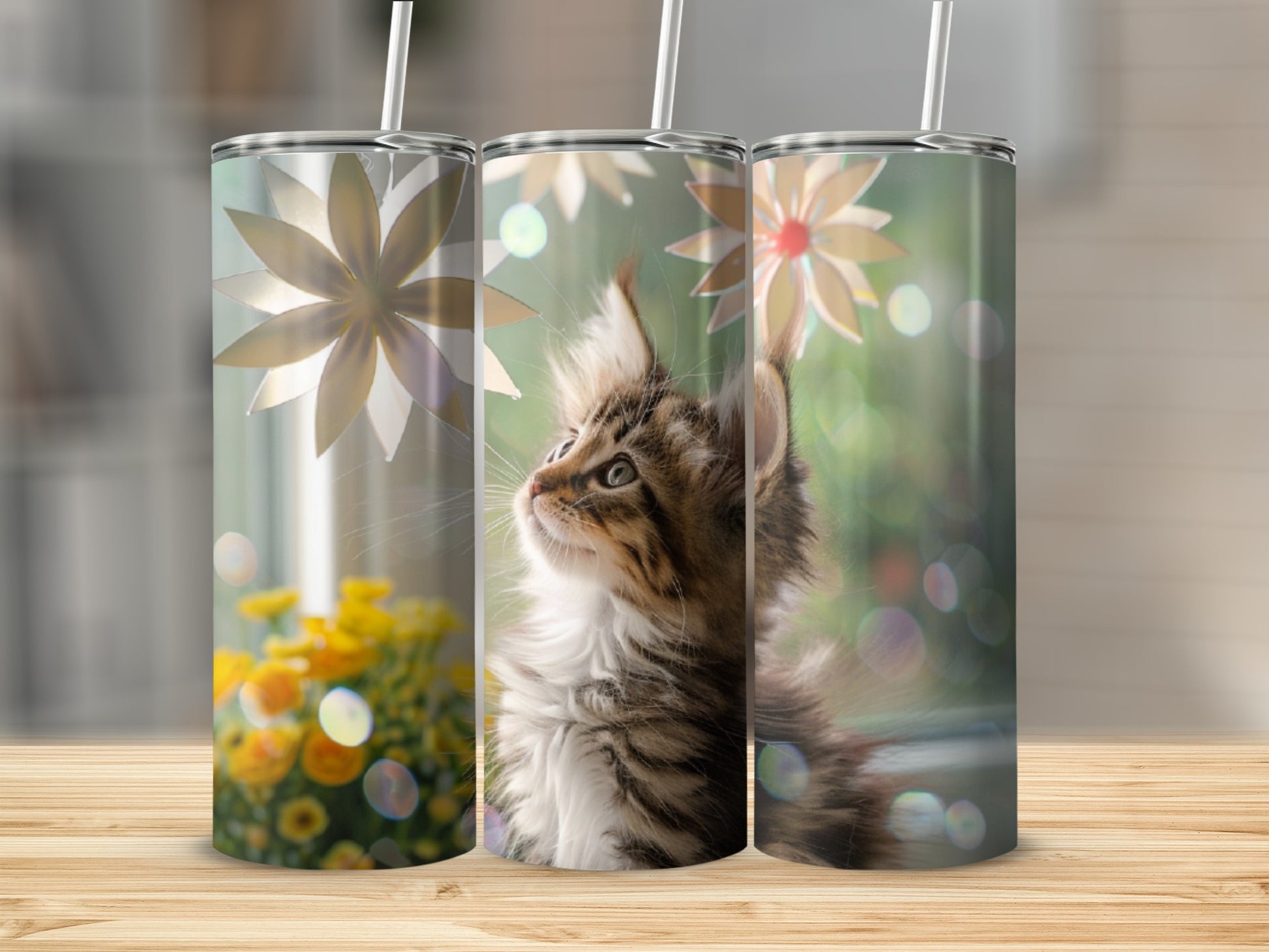 Three tumblers with kitten and flower pattern on wooden surface.
