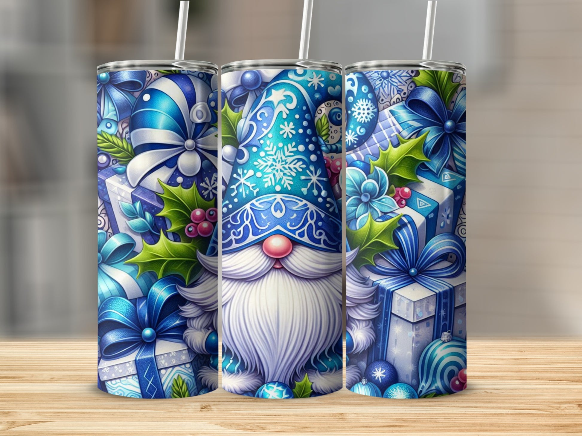Blue and white gnome with gifts and snowflakes on a tumbler.