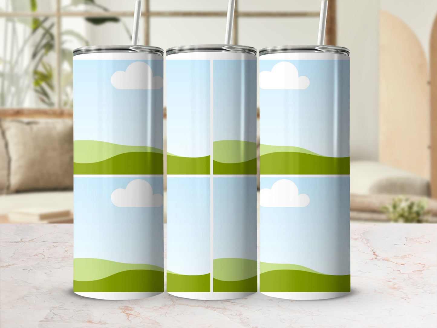 Three tumblers with a sky and rolling green hills design.