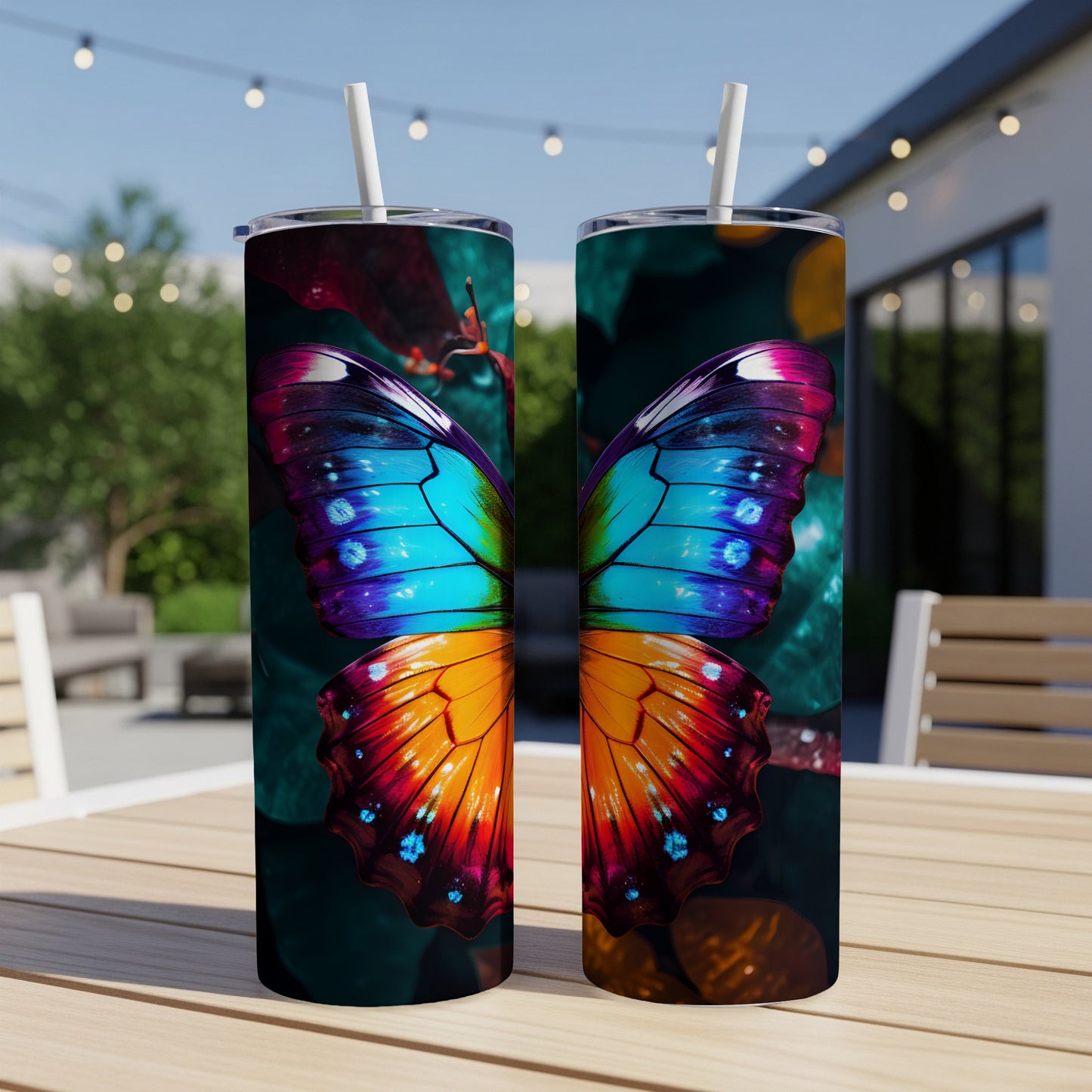 Two tumblers with a vibrant, colorful butterfly wing design.