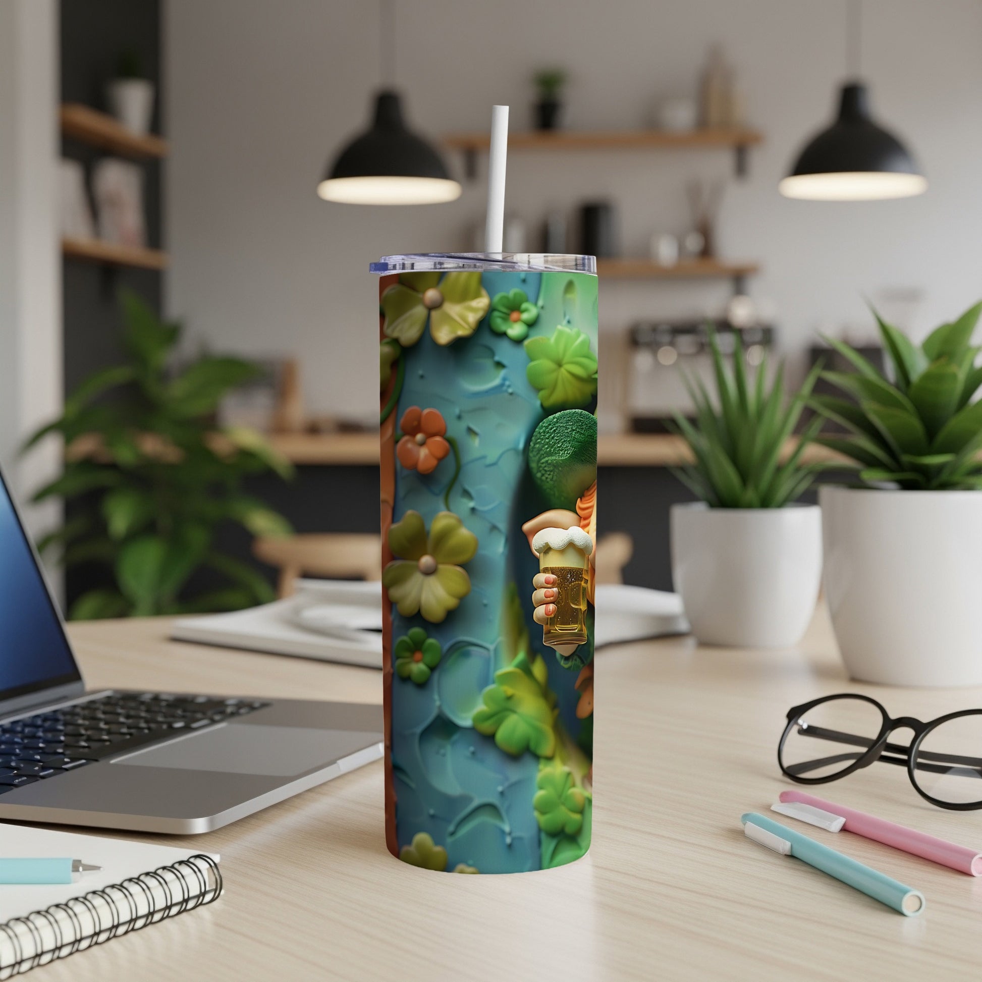 Green tumbler with shamrocks and flowers, featuring a cartoon leprechaun holding a beer mug.