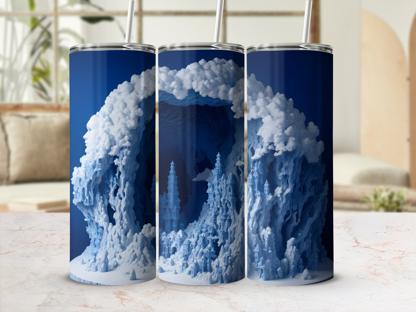 Three tumblers with a blue ice castle design.