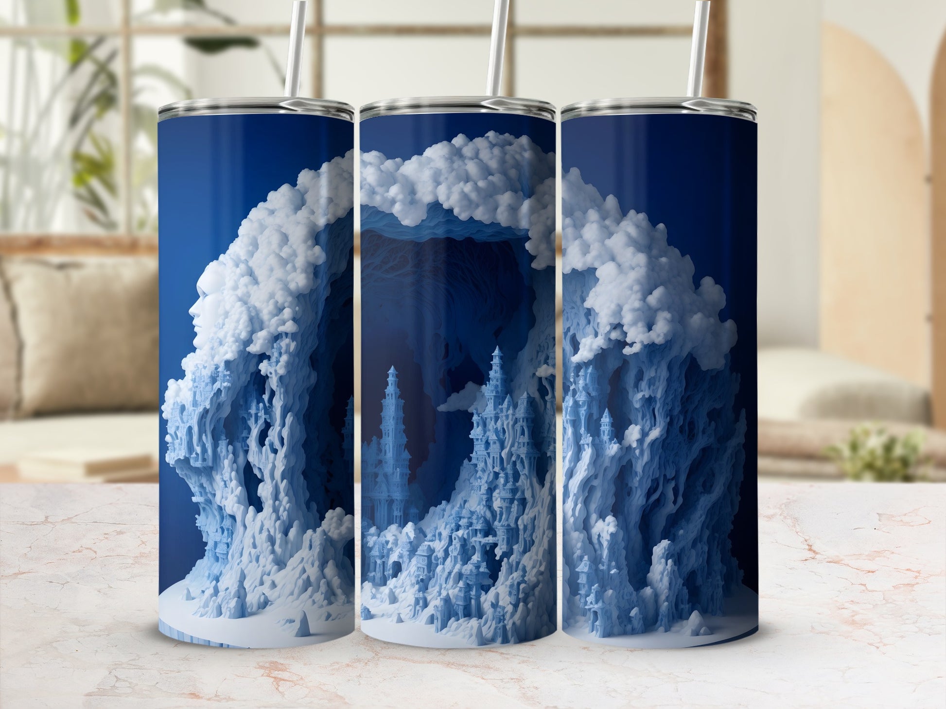 Three tumblers with a blue ice castle design.