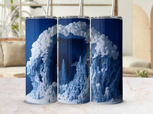 Three tumblers with a blue ice castle design.