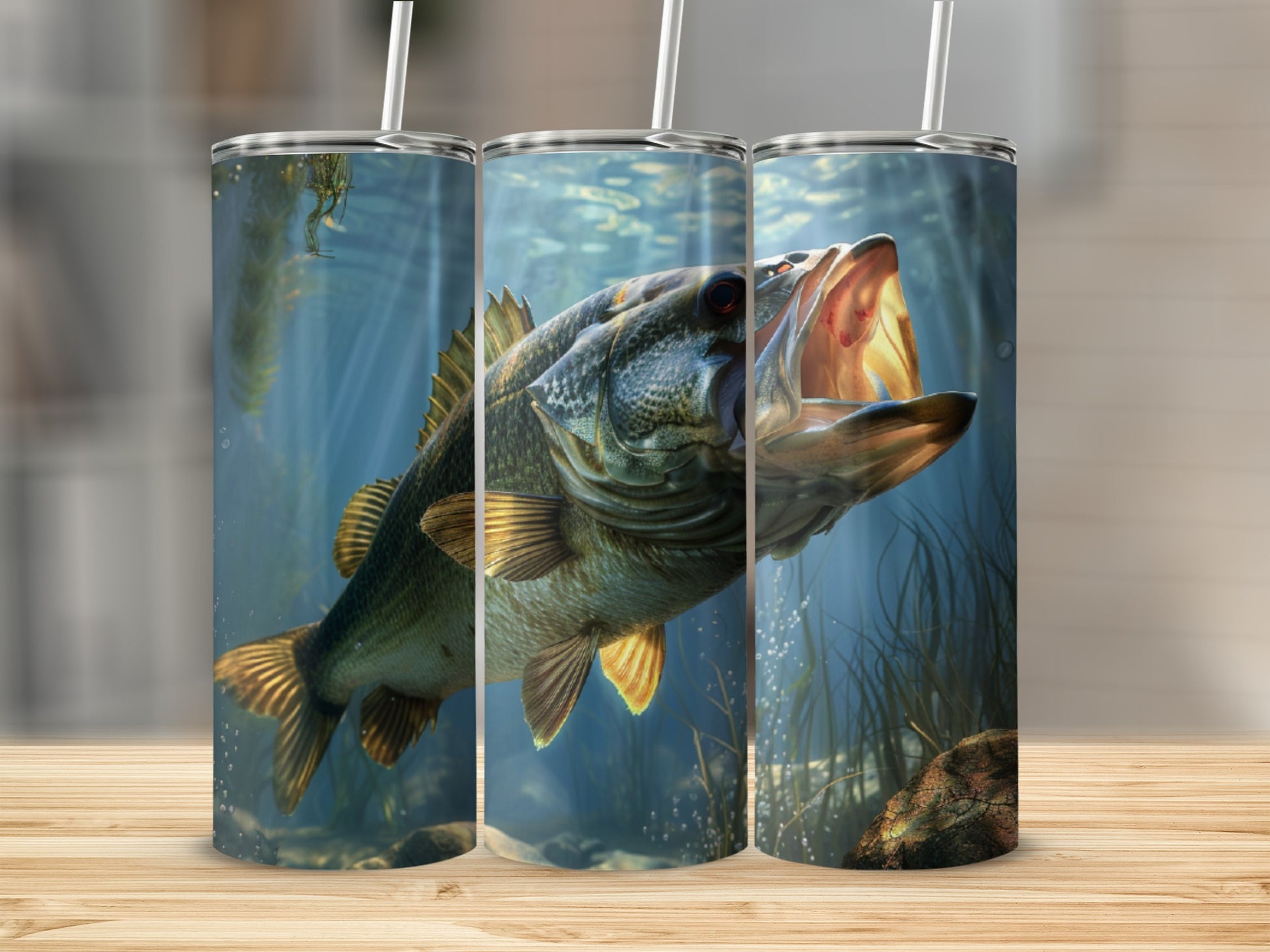 Large mouth bass swimming underwater with open mouth and bubbles.