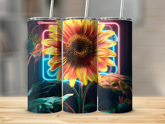 Sunflower and neon light design on a tumbler.