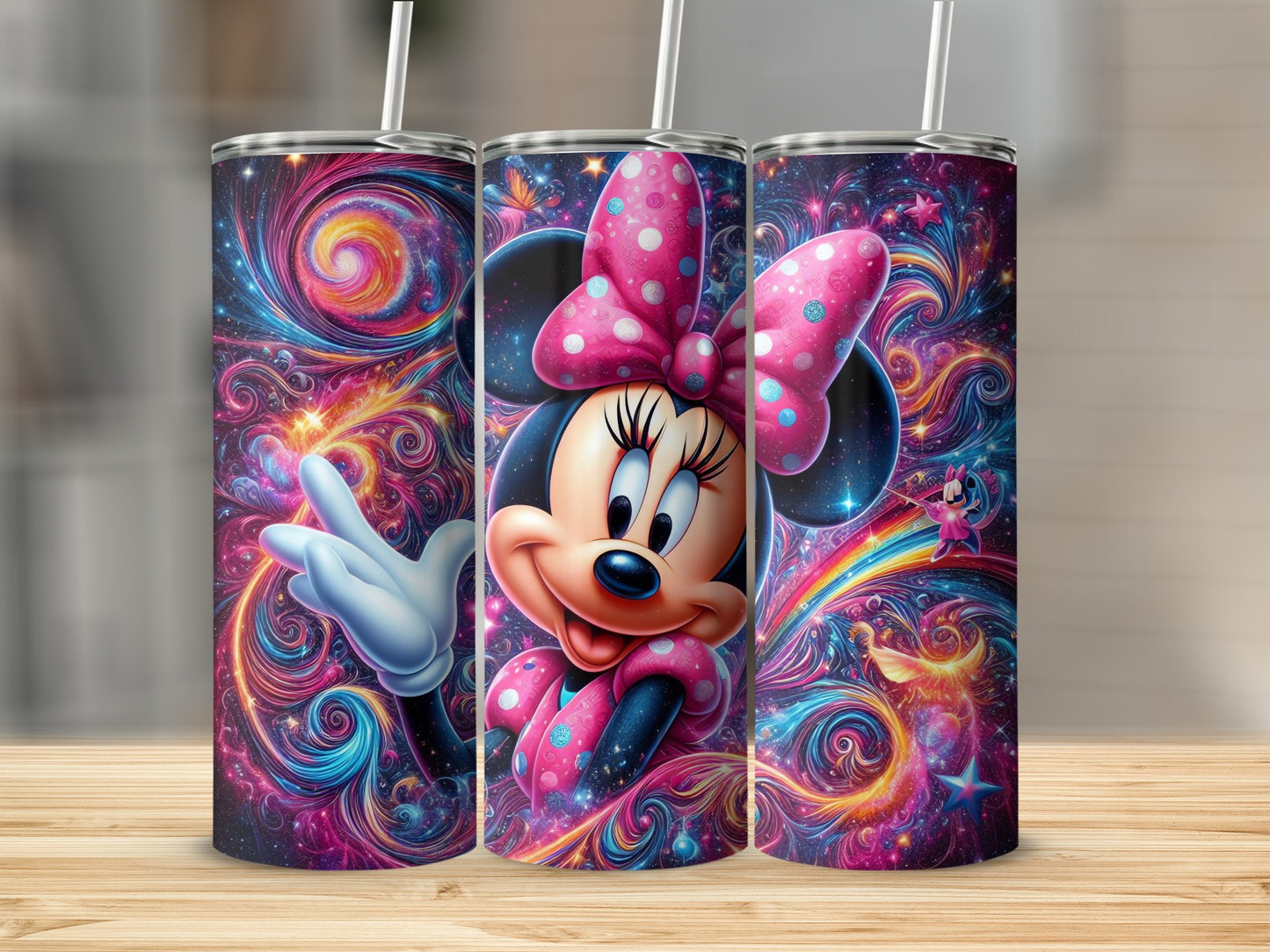 Vibrant Minnie Mouse Design on Colorful Swirls Tumbler