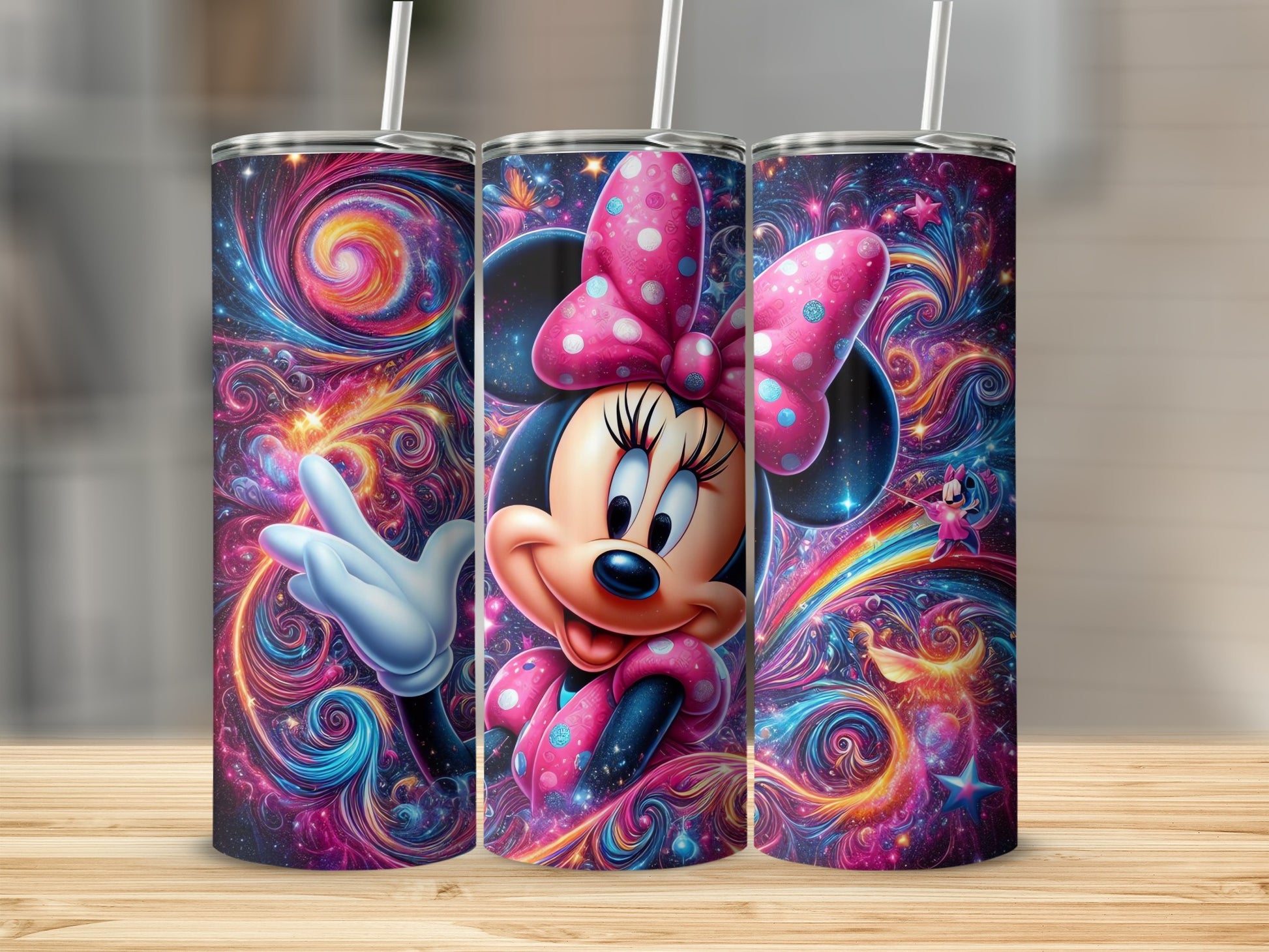 Vibrant Minnie Mouse Design on Colorful Swirls Tumbler