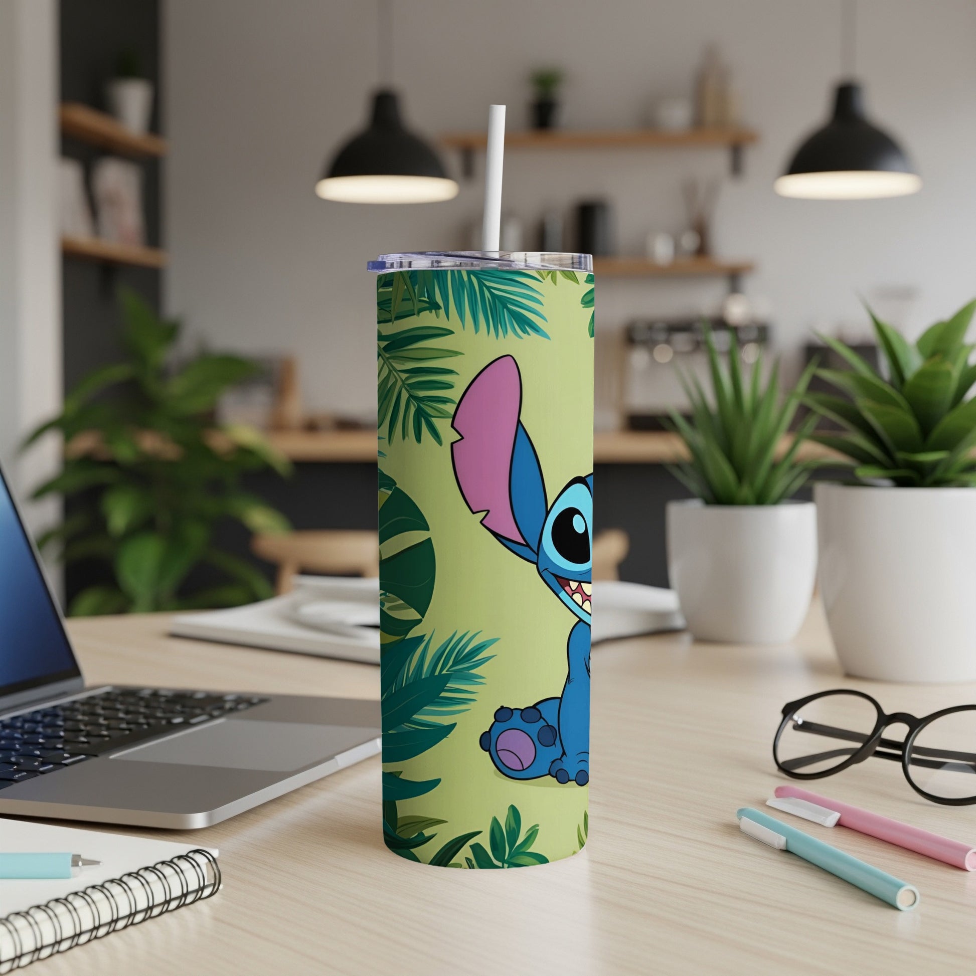 Stitch character with palm leaves on a green patterned tumbler.