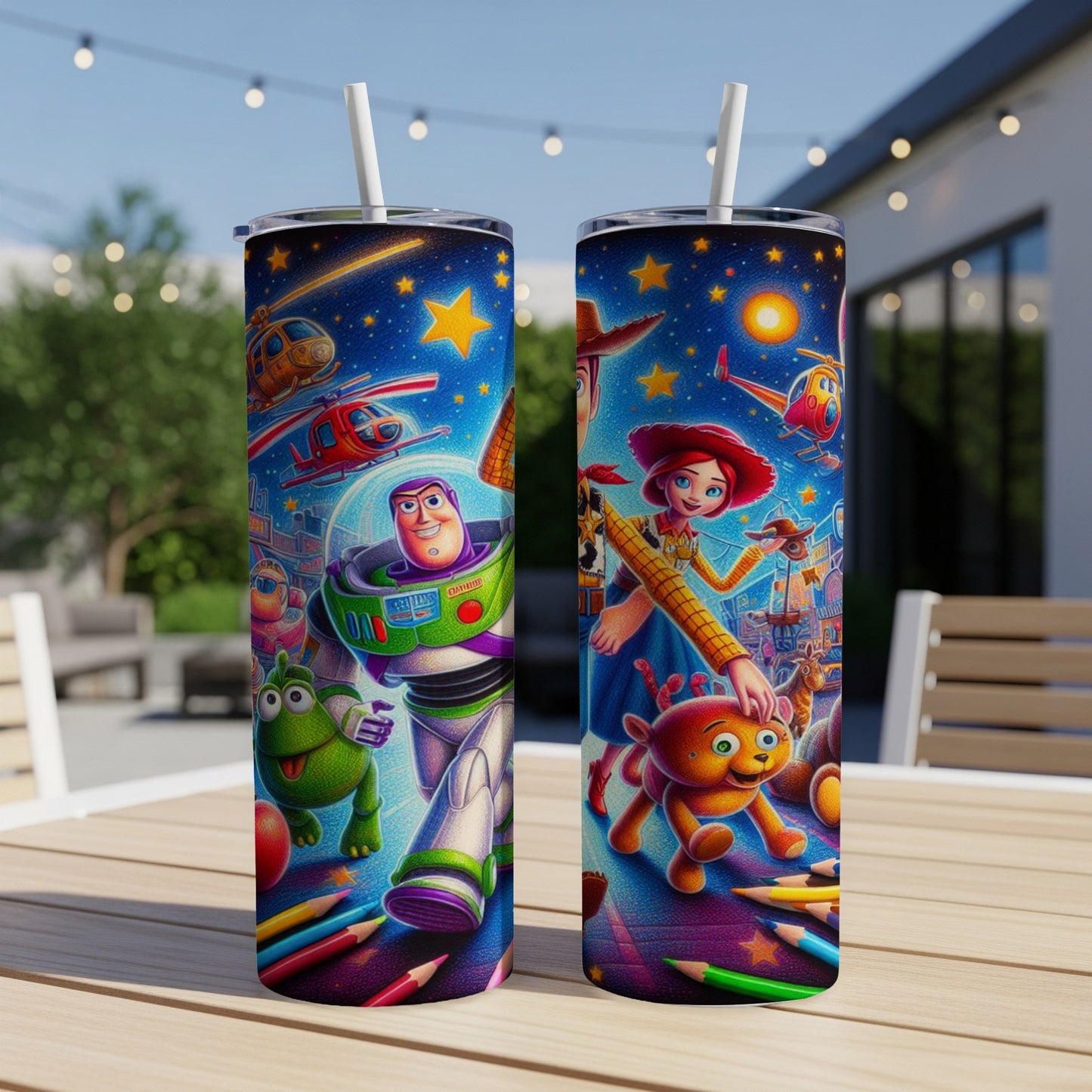 Toy Story characters Buzz Lightyear and Woody on a colorful tumbler.