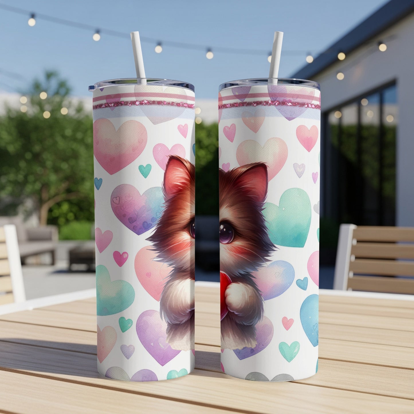 Two skinny tumblers with a cute cat holding a red heart on a pink and blue heart background.