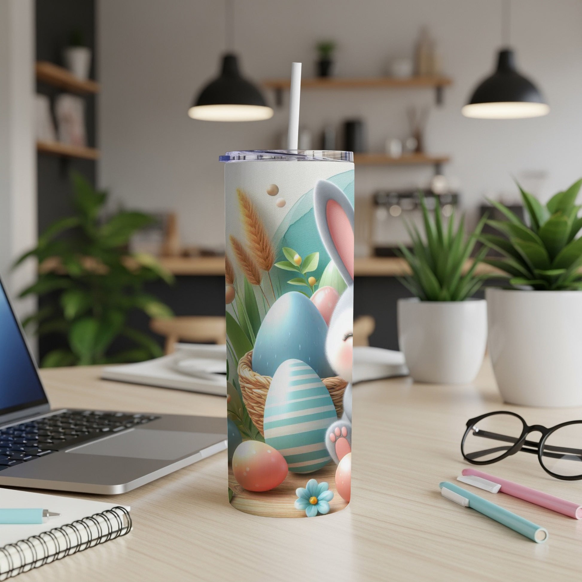 Easter bunny and eggs design on a tumbler with straw.