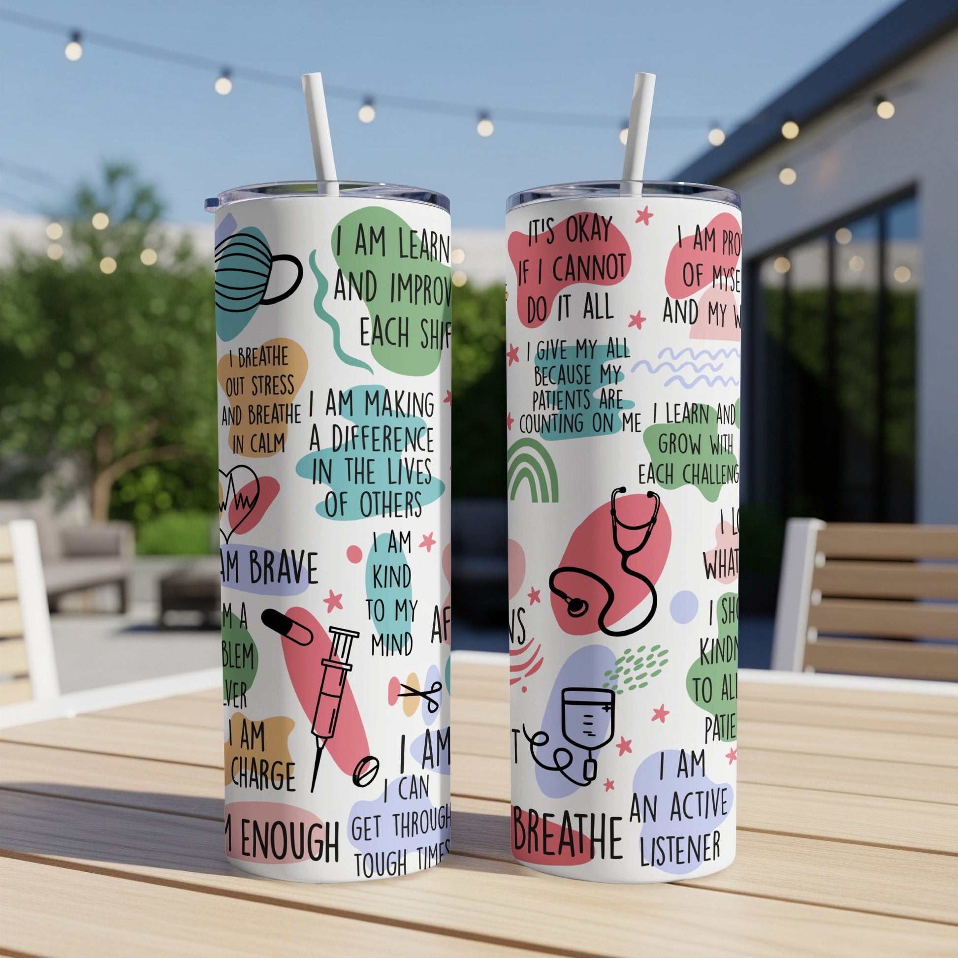 Two tumblers with medical-themed designs and motivational text.